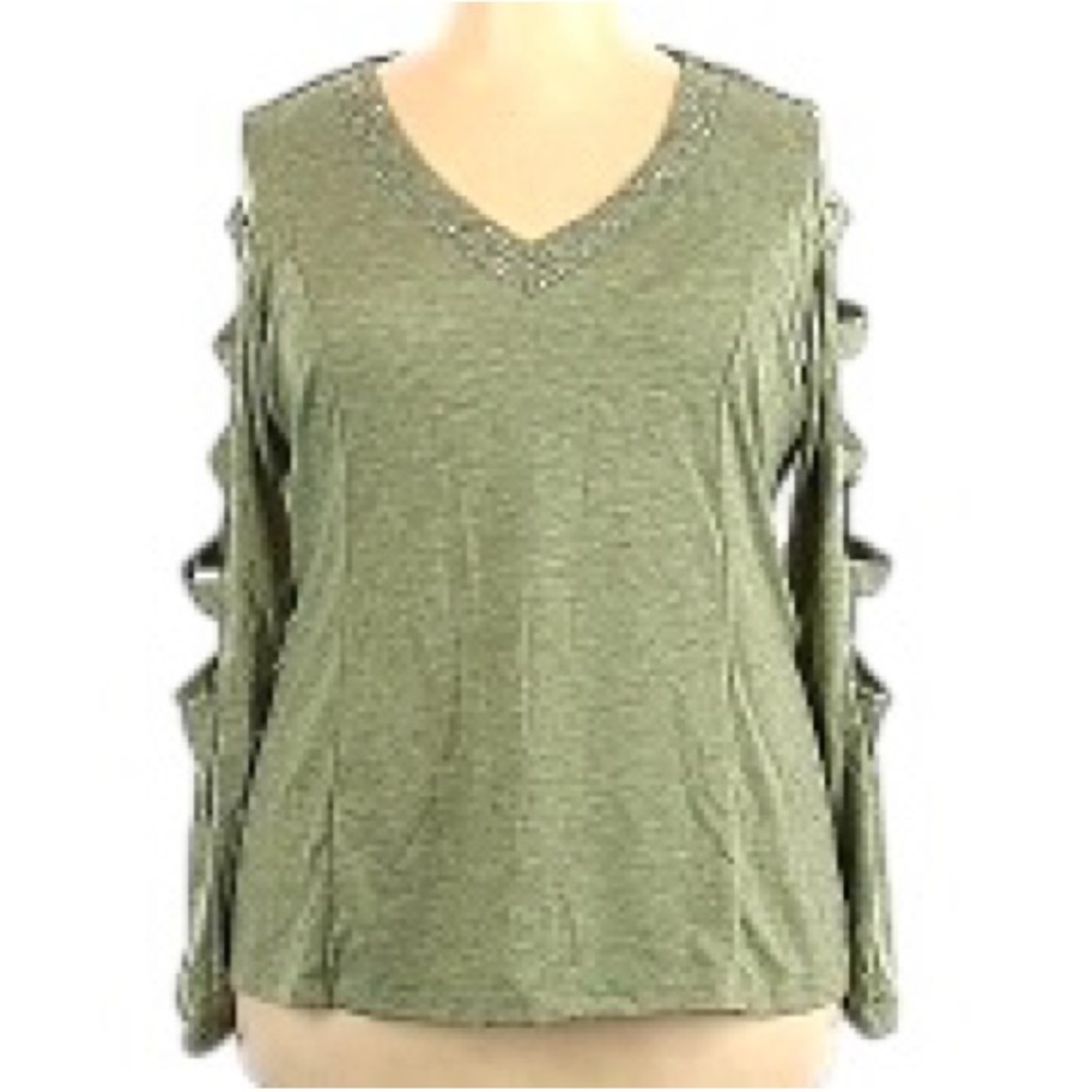 Ashley Stewart Green Ruffled Cut Out Blouse